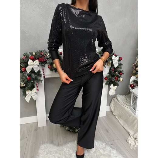 Czarny Połyskujący Komplet Bluzka + Spodnie ze sklepu ModnaKiecka.pl w kategorii Komplety i garnitury damskie - zdjęcie 187957805
