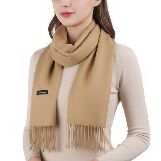 Karmelowy szalik damski gładki cashmere frędzle SZA-68 ze sklepu Stylion w kategorii Szaliki i chusty damskie - zdjęcie 187961677