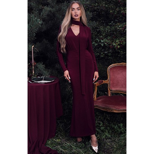 Sukienka damska maxi z szarfą bordowa M891, Kolor bordowy, Rozmiar L, MOE ze sklepu Primodo w kategorii Sukienki - zdjęcie 187963435