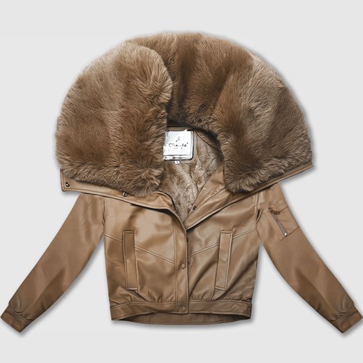 Skórzana kurtka z dużym futrzanym kołnierzem Glakate camel (LU98090#) ze sklepu goodlookin.pl w kategorii Kurtki damskie - zdjęcie 187964928