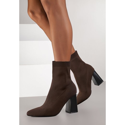 Brązowe Botki Vices na Geometrycznym Obcasie ze Skarpetową Cholewką Falacea ze sklepu born2be.pl w kategorii Botki - zdjęcie 187965147