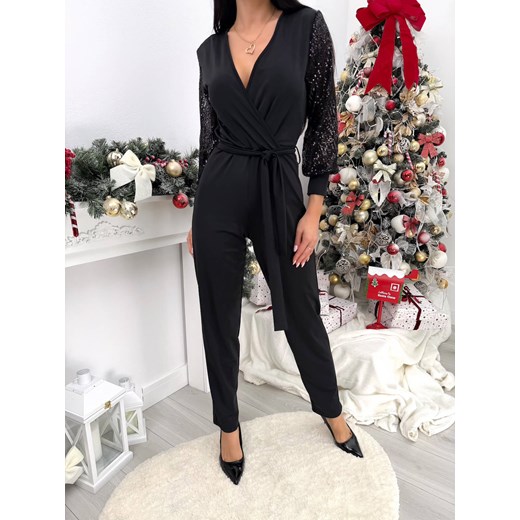 Czarny Elegancki Kombinezon z Cekinowymi Rękawami ze sklepu ModnaKiecka.pl w kategorii Kombinezony damskie - zdjęcie 187967408