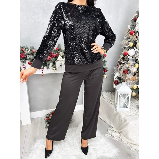 Czarny Komplet Cekinowa Bluzka + Spodnie ze sklepu ModnaKiecka.pl w kategorii Komplety i garnitury damskie - zdjęcie 187967438