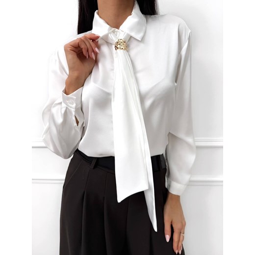 Kremowa Satynowa Koszula z Ozdobnym Krawatem Modnakiecka.pl 40 ModnaKiecka.pl