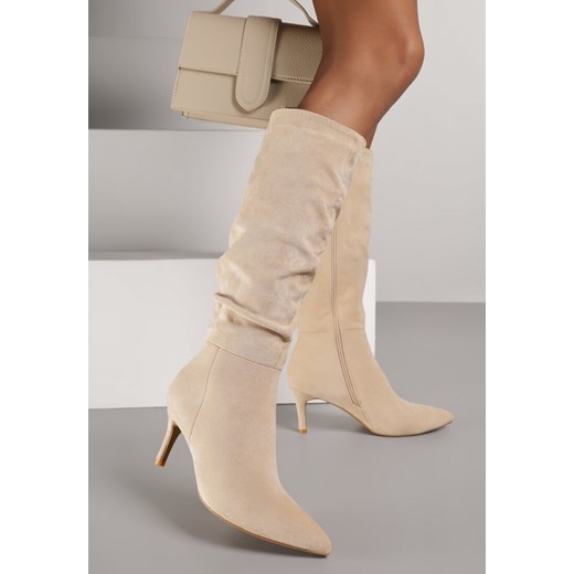 Beżowe Marszczone Kozaki z Imitacji Zamszu na Obcasie Typu Szpilka Rilavira ze sklepu renee.pl w kategorii Kozaki damskie - zdjęcie 187967685
