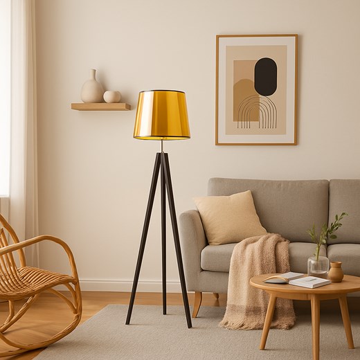Drewniana lampa stojąca na trójnogu ze złotym kloszem ARUBA MIRROR ze sklepu Lysne w kategorii Lampy podłogowe - zdjęcie 187973959