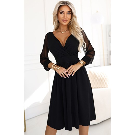 Czarna sukienka midi z kopertowym dekoltem i tiulowymi rękawami 657-1, Kolor czarny, Rozmiar L, Numoco ze sklepu Primodo w kategorii Sukienki - zdjęcie 187974658