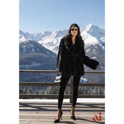 Czarna Klasyczna Kurtka Futerko z Wąskim Wiązanym Paskiem w Talii Casfitta ze sklepu renee.pl w kategorii Kurtki damskie - zdjęcie 187978226