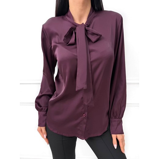Śliwkowa Satynowa Koszula z Wiązaniem przy Dekolcie Modnakiecka.pl 42 ModnaKiecka.pl