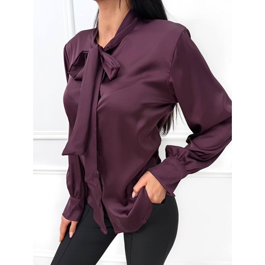 Śliwkowa Satynowa Koszula z Wiązaniem przy Dekolcie Modnakiecka.pl 42 ModnaKiecka.pl