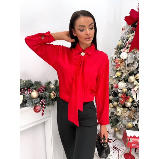 Czerwona Satynowa Koszula z Ozdobnym Krawatem ze sklepu ModnaKiecka.pl w kategorii Koszule damskie - zdjęcie 187979717