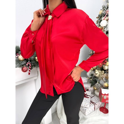 Czerwona Satynowa Koszula z Ozdobnym Krawatem Modnakiecka.pl 46 ModnaKiecka.pl