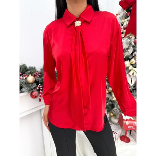 Czerwona Satynowa Koszula z Ozdobnym Krawatem Modnakiecka.pl 46 ModnaKiecka.pl