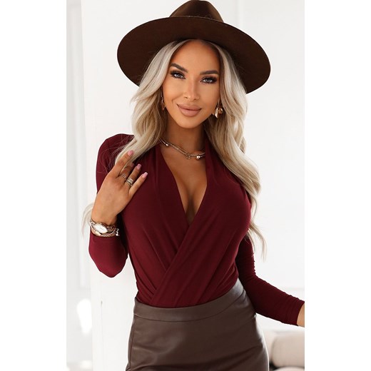 Stylowe body damskie z kopertowym dekoltem bordowe 375-9, Kolor bordowy, Rozmiar L, Numoco ze sklepu Intymna w kategorii Bluzki damskie - zdjęcie 187988208