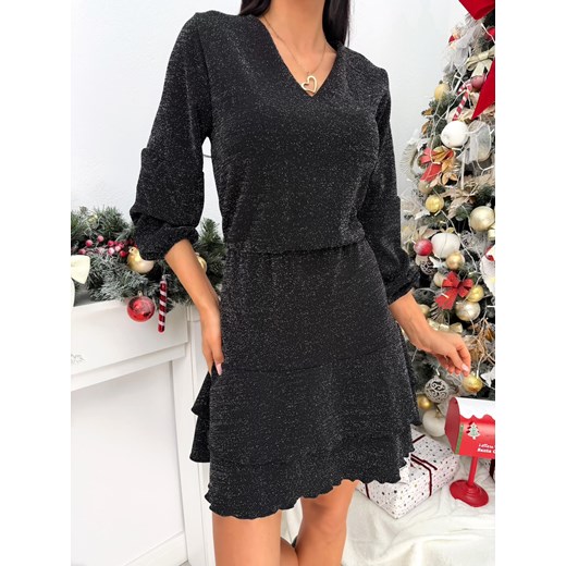 Czarna Połyskująca Sukienka z Falbanką ze sklepu ModnaKiecka.pl w kategorii Sukienki - zdjęcie 187993148