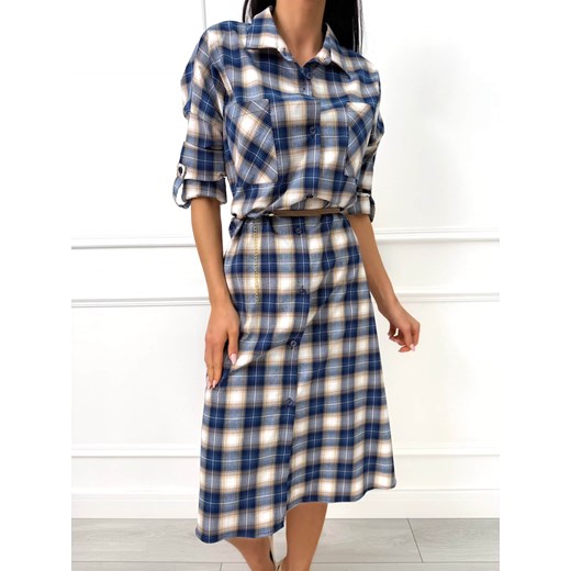 Niebieska Sukienka Midi w Kratę ze sklepu ModnaKiecka.pl w kategorii Sukienki - zdjęcie 187993168