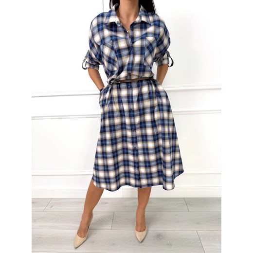 Niebieska Sukienka Midi w Kratę Modnakiecka.pl 40 ModnaKiecka.pl