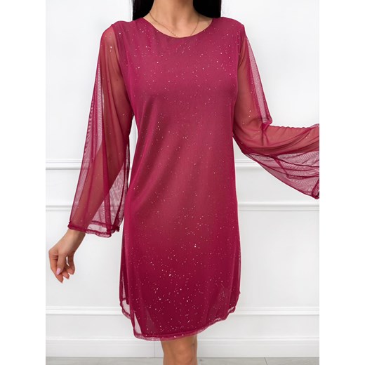 Bordowa Prosta Połyskująca Sukienka z Siateczki ze sklepu ModnaKiecka.pl w kategorii Sukienki - zdjęcie 187995095