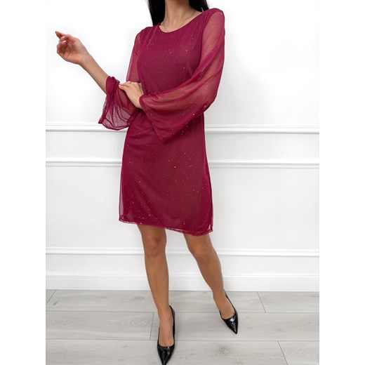 Bordowa Prosta Połyskująca Sukienka z Siateczki Modnakiecka.pl 40 ModnaKiecka.pl