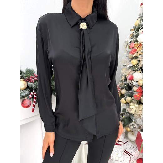 Czarna Satynowa Koszula z Ozdobnym Krawatem ze sklepu ModnaKiecka.pl w kategorii Koszule damskie - zdjęcie 187996828