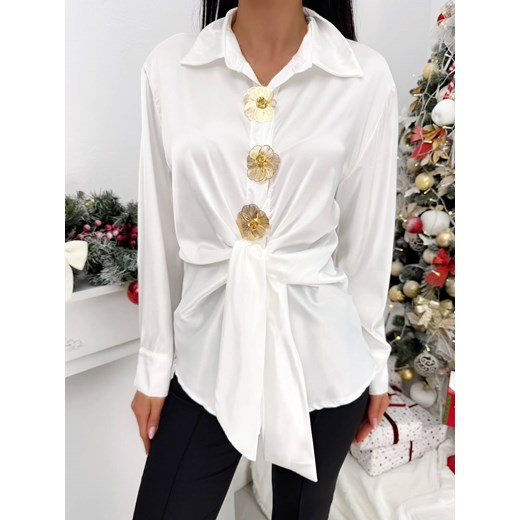 Kremowa Satynowa Koszula z Wiązaniem ze sklepu ModnaKiecka.pl w kategorii Koszule damskie - zdjęcie 188008417