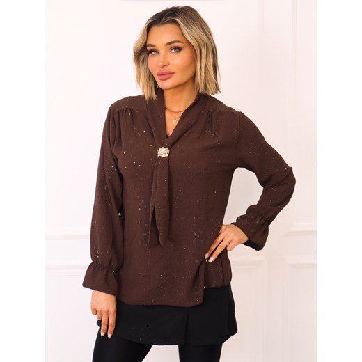 BLUZKA Z OZDOBNYM KRAWATEM I BROKATEM- CZEKOLADOWA ze sklepu olika.com.pl w kategorii Bluzki damskie - zdjęcie 188015956