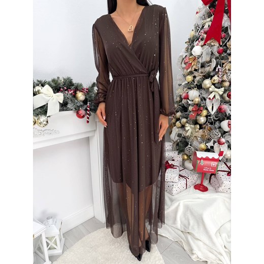 Czekoladowa Połyskująca Sukienka Maxi z Siateczki Modnakiecka.pl 42 ModnaKiecka.pl