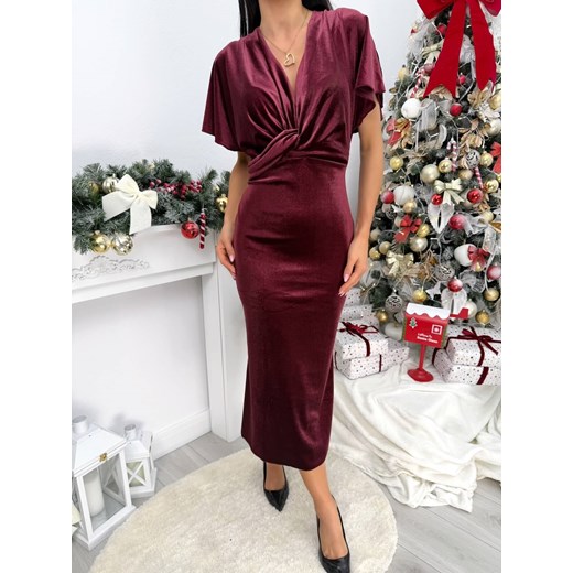 Burgundowa Welurowa Sukienka z Głębokim Dekoltem ze sklepu ModnaKiecka.pl w kategorii Sukienki - zdjęcie 188020668