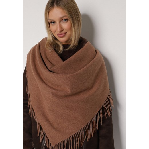 Jasnobrązowy Trójkątny Szalik z Wiskozy i Bawełny z Frędzlami Vetirala ze sklepu born2be.pl w kategorii Szaliki i chusty damskie - zdjęcie 188021669