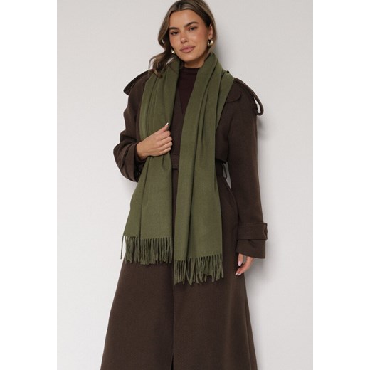Ciemnozielony Szalik z Bawełną i Wiskozą Ozdobiony Frędzlami Siadortia ze sklepu born2be.pl w kategorii Szaliki i chusty damskie - zdjęcie 188022097