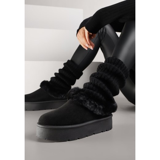 Czarne Śniegowce na Grubej Podeszwie z Niską Cholewką i Futerkiem Sewone ze sklepu born2be.pl w kategorii Śniegowce damskie - zdjęcie 188022268