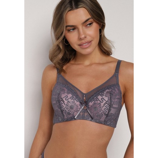 Szaro-Różowy Biustonosz z Koronką i Transparentną Wstawką Heliphine ze sklepu born2be.pl w kategorii Biustonosze - zdjęcie 188023098