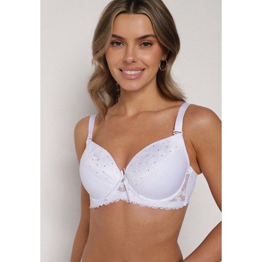 Biały Biustonosz Ozdobiony Cyrkoniami i Koronką Corraella ze sklepu born2be.pl w kategorii Biustonosze - zdjęcie 188023147