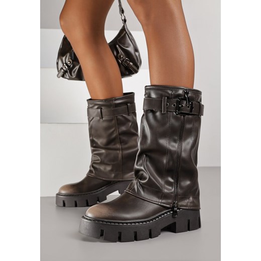 Brązowe Botki Biker z Wywiniętą Cholewką i Paskiem z Klamerką Versana ze sklepu born2be.pl w kategorii Botki - zdjęcie 188023635