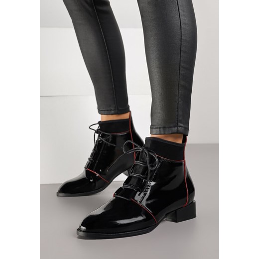 Czarne Sznurowane Botki Vices z Lakierowanym Połyskiem Nuzzasa ze sklepu born2be.pl w kategorii Botki - zdjęcie 188023705