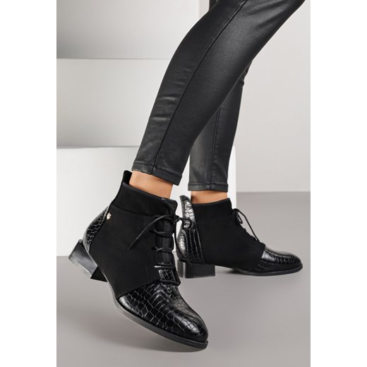 Czarne Sznurowane Botki Vices do Kostki z Wężowym Tłoczeniem Wodvira ze sklepu born2be.pl w kategorii Botki - zdjęcie 188023726
