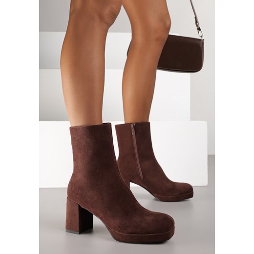 Brązowe Botki Vices na Obcasie i Platformie z Kwadratowym Noskiem Faliresa ze sklepu born2be.pl w kategorii Botki - zdjęcie 188023837