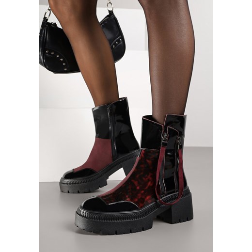 Czarno-Bordowe Lakierowane Botki Vices z Ozdobną Tasiemką Rivavie ze sklepu born2be.pl w kategorii Botki - zdjęcie 188023879
