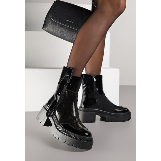 Czarne Lakierowane Botki Vices z Ozdobną Tasiemką Rivavie ze sklepu born2be.pl w kategorii Botki - zdjęcie 188023886