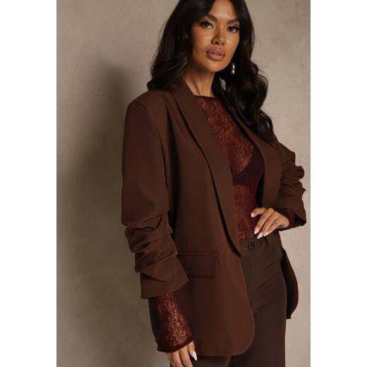 Jasnobrązowa Pudełkowa Marynarka Bez Zapięć z Wiskozą z Marszczonymi Rękawami Renee L renee.pl