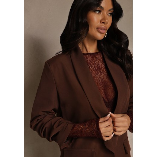 Jasnobrązowa Pudełkowa Marynarka Bez Zapięć z Wiskozą z Marszczonymi Rękawami Renee L renee.pl