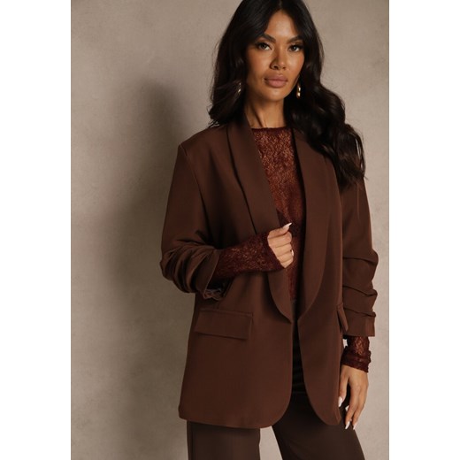 Jasnobrązowa Pudełkowa Marynarka Bez Zapięć z Wiskozą z Marszczonymi Rękawami Fenidia ze sklepu renee.pl w kategorii Marynarki damskie - zdjęcie 188024197