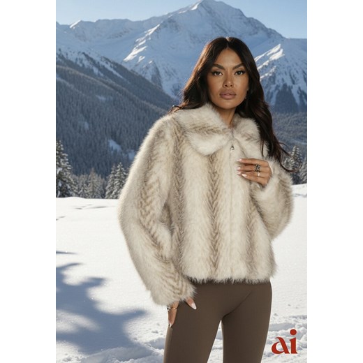 Jasnobeżowa Klasyczna Kurtka Futerko z Zapięciem na Zamek Błyskawiczny Tuswella ze sklepu renee.pl w kategorii Futra damskie - zdjęcie 188024199
