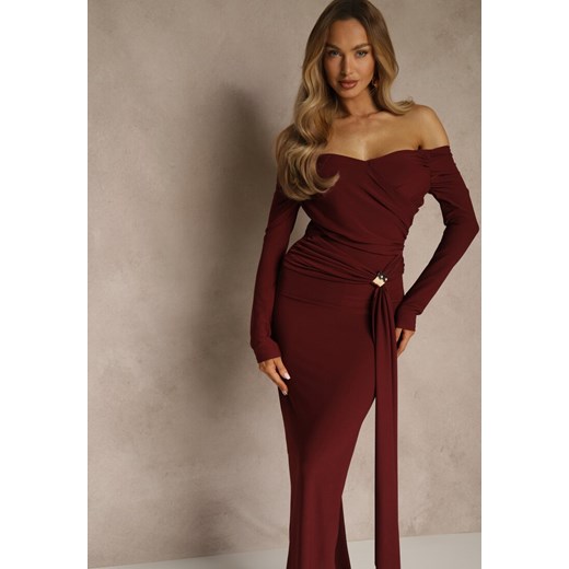 Bordowa Marszczona Sukienka o Dopasowanym Kroju z Trenem i Rozcięciem Aluilea ze sklepu renee.pl w kategorii Sukienki - zdjęcie 188024208
