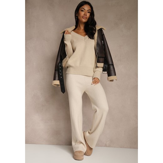 Jasnobeżowe Szerokie Spodnie z Wełną 	High Waist z Prążkowanego Materiału Reinna ze sklepu renee.pl w kategorii Spodnie damskie - zdjęcie 188024228