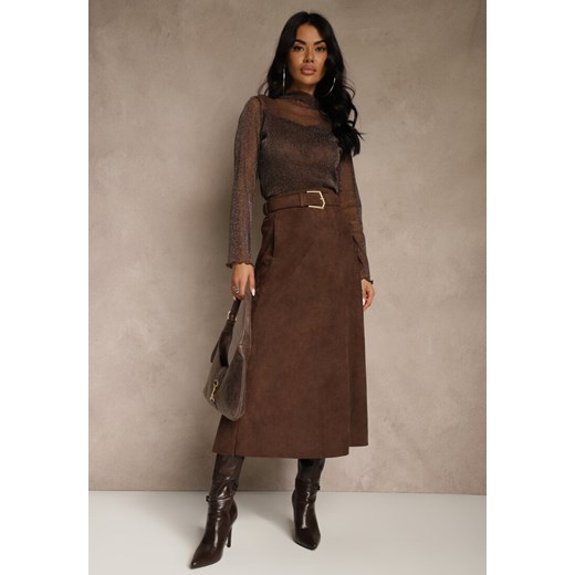 Brązowa Spódnica z Wiskozy z Bawełną z Imitacji Zamszu z Paskiem Oliweda ze sklepu renee.pl w kategorii Spódnice - zdjęcie 188024358