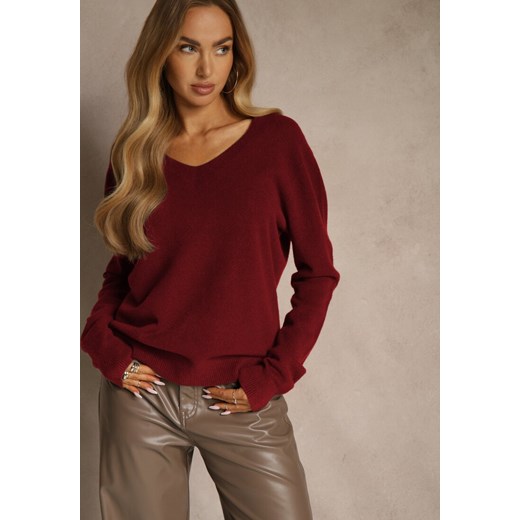 Bordowy Sweter z Wełną i Wiskozą z Trójkątnym Dekoltem Kaitte ze sklepu renee.pl w kategorii Swetry damskie - zdjęcie 188024607
