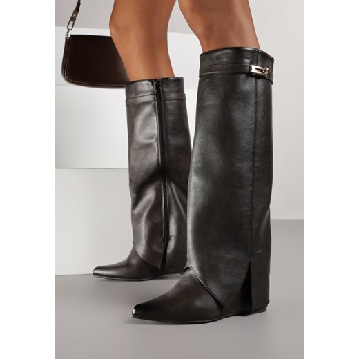 Brązowe Kozaki na Koturnie z Cholewką Imitującą Nogawkę z Aplikacją Testarria ze sklepu renee.pl w kategorii Kozaki damskie - zdjęcie 188024625