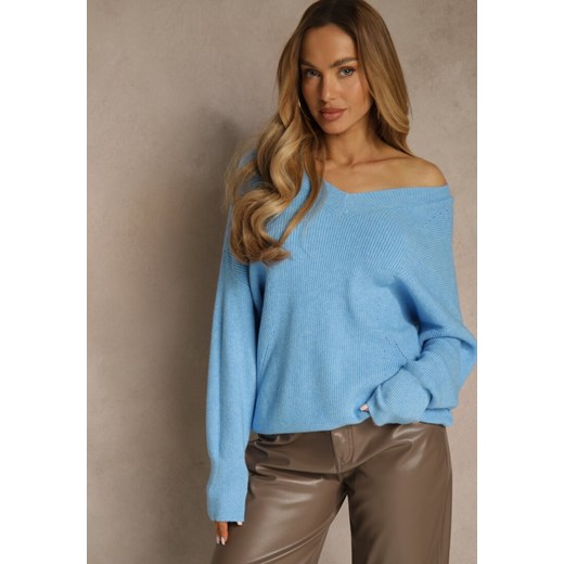 Niebieski Sweter z Dodatkiem Kaszmiru i Trójkątnym Dekoltem Silefera ze sklepu renee.pl w kategorii Swetry damskie - zdjęcie 188024639