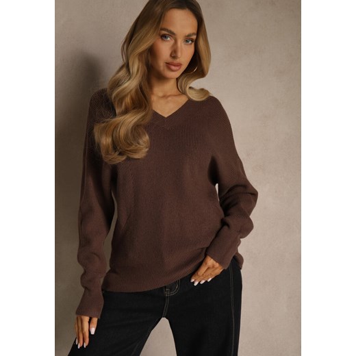 Brązowy Sweter z Dodatkiem Kaszmiru i Trójkątnym Dekoltem Silefera ze sklepu renee.pl w kategorii Swetry damskie - zdjęcie 188024649